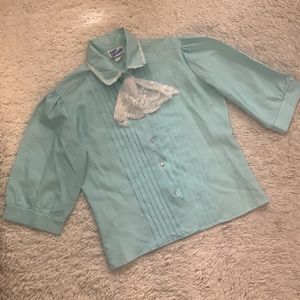 VINTAGE 70s Pastel Blue Lace Ascot Pleated Blouse